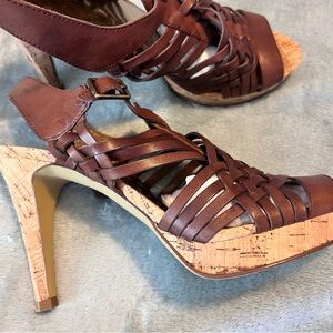 Used in great condition Unity brown leather strap cork heels